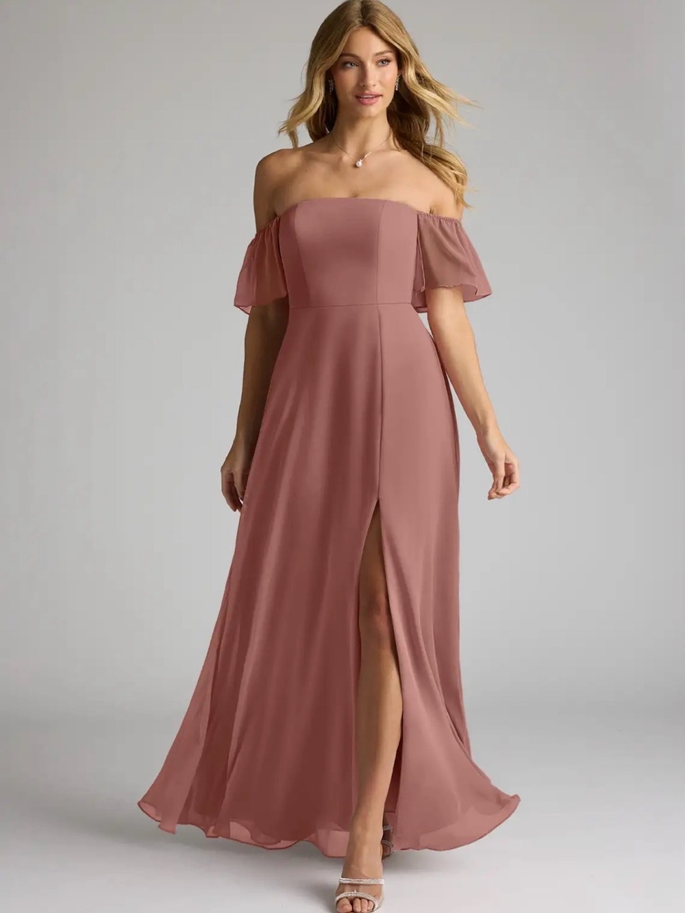 Azazie Sue Cedar Rose A-Line Off the Shoulder Chiffon Dress